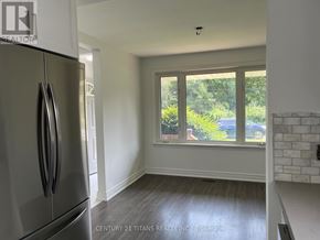 Toronto (Rouge) apartment for rent - A kitchen with a stainless steel refrigerator and a window overlooking a green area.