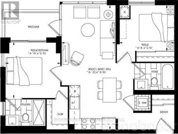 Markham (Wismer) condo for rent - A black and white floor plan of a house with a kitchen, living room, and bathrooms.
