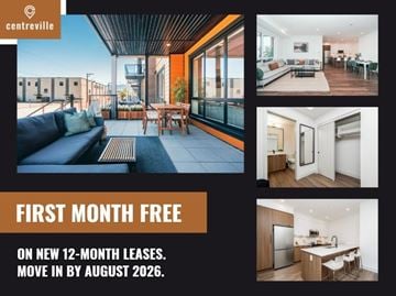 Chilliwack apartment for rent - A promotional image for Centreville offers a free first month on new 12-month leases.