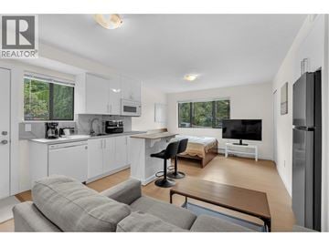 North Vancouver apartment for rent - A modern living room with a grey sofa and a television.