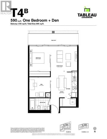 Toronto (Waterfront Communities) condo for rent - A black and white image of a floor plan for a one bedroom apartment with a den.