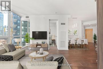 Toronto (Church-Yonge Corridor) condo for rent - A modern living room with a flat screen TV, a sofa, a coffee table, and a dining table with chairs.