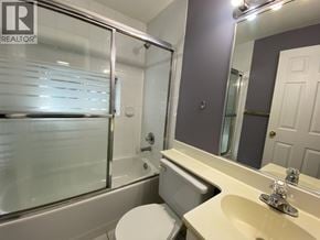 Burnaby apartment for rent - A bathroom with a toilet, sink, and shower.
