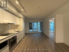 Toronto (Moss Park) condo for rent - A spacious kitchen with white cabinets and a black countertop.