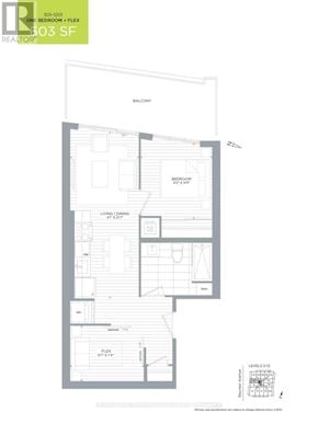 Toronto (Bayview Woods-Steeles) condo for rent - A floor plan for a 303 SF apartment shows a bedroom, living room, and balcony.