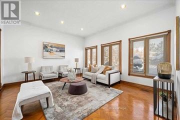 Richmond Hill (North Richvale) apartment for rent - A living room with a white sofa, a grey ottoman, and a painting on the wall.