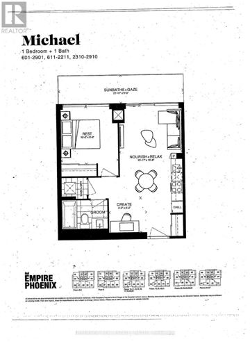 Toronto (Mimico) condo for rent - A floor plan for a Michael apartment with a bedroom, bathroom, kitchen, and living room.