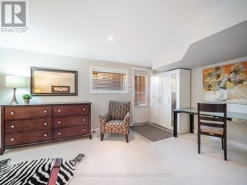 Toronto (The Beaches) apartment for rent - A living room with a zebra rug and a wooden dresser.