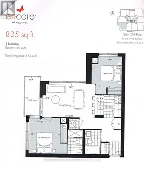 Toronto (Bendale) condo for rent - A floor plan for a 825 sq.ft. apartment with 2 bedrooms and a balcony.