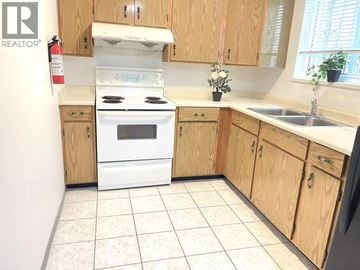 Vancouver apartment for rent - A kitchen with a white stove and wooden cabinets.