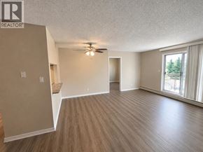 Lethbridge apartment for rent - A spacious room with a ceiling fan and sliding glass doors.