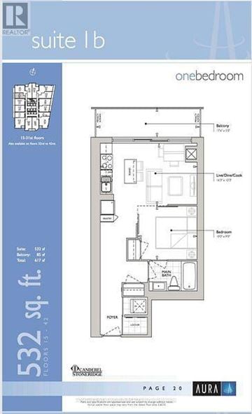 Toronto (Bay Street Corridor) condo for rent - A blue and white image of a one bedroom suite layout.