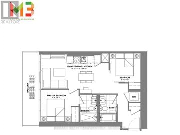 Mississauga (City Centre) condo for rent - A floor plan of a residential property with a balcony and a master bedroom.
