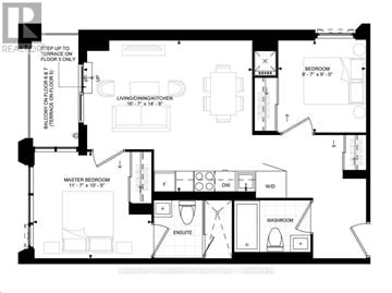 Toronto (Waterfront Communities) condo for rent - A black and white floor plan of a house with a master bedroom and a living room.