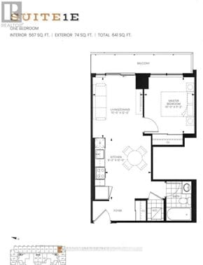 Toronto (Yorkdale-Glen Park) condo for rent - A floor plan for a suite with a balcony, kitchen, and bathroom.