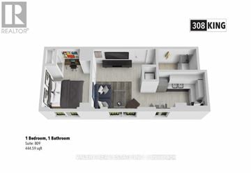 Waterloo condo for rent - A floor plan for a 1 bedroom, 1 bathroom apartment at 308 King.