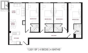 Waterloo condo for rent - A floor plan of a house with 4 bedrooms, 4 bathrooms, and a living room.