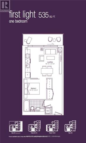 Toronto (Bay Street Corridor) condo for rent - A purple poster displays a floor plan for the first light 535, a one bedroom apartment.