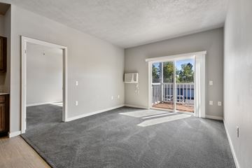 Watertown apartment for rent - A spacious living room with a grey carpet and a view of the outdoors through a sliding glass door.