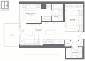 Toronto (Church-Yonge Corridor) condo for rent - A floor plan of a house with a balcony, two bedrooms, a living room, a dining room, a kitchen, and a bathroom.