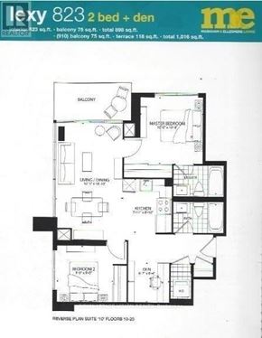 Toronto (Woburn) condo for rent - A floor plan for a 2 bedroom apartment with den is shown.