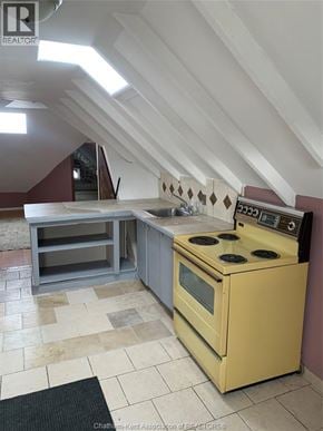 Chatham apartment for rent - A yellow stove in a kitchen with a tiled floor and a skylight.