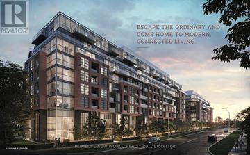 Toronto (Centennial Scarborough) condo for rent - A modern apartment building with the text "ESCAPE THE ORDINARY AND COME HOME TO MODERN, CONNECTED LIVING."