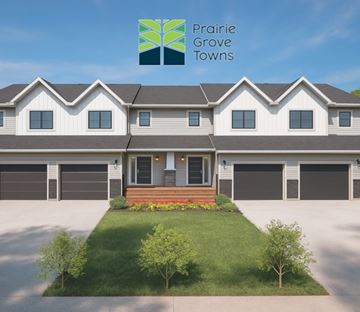 La Salle apartment for rent - A modern house with a front yard and a logo of Prairie Grove Towns above it.