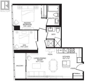 Toronto (Lansing-Westgate) condo for rent - A black and white floor plan of an apartment with a living room, kitchen, and two bedrooms.