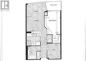 Toronto (Newtonbrook West) condo for rent - A black and white image of a floor plan for a balcony, living room, dining room, bedroom, and bathroom.