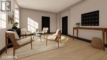 Stratford multi-family for rent - A modern living room with wooden furniture and a large window.