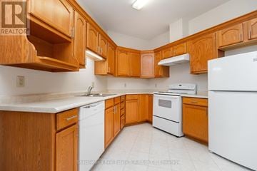 Stratford multi-family for rent - A kitchen with wooden cabinets and white appliances.