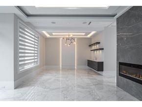 Delta apartment for rent - A modern living room with a fireplace and a marble floor.