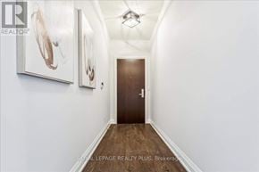 Oakville (Co Central) condo for rent - A hallway with a brown door and two paintings on the wall.