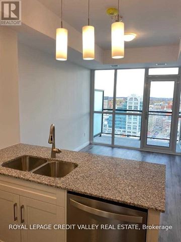 Kitchener condo for rent - A kitchen with a sink and a window overlooking a cityscape.
