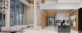 Toronto (Henry Farm) condo for rent - A modern office lobby with a reception desk and a large glass wall.