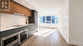 Toronto (North St. James Town) condo for rent - A modern kitchen with stainless steel appliances and wooden cabinets.