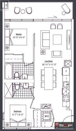 Toronto (Bay Street Corridor) condo for rent - A floor plan of a small apartment with a master bedroom, a living/dining area, and a bedroom.