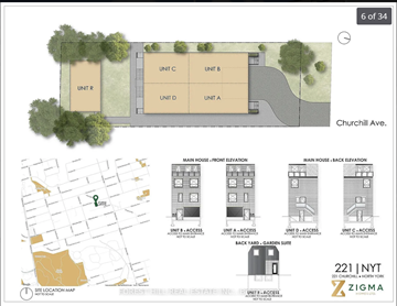 Toronto apartment for rent - A map shows the layout of a site with a main house, back elevation, and front elevation.