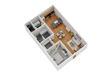 Indianola apartment for rent - A top down view of a small apartment with a kitchen, living room, and bedroom.