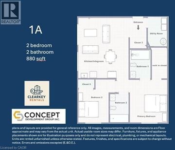 Mount Forest apartment for rent - A floor plan for a 2 bedroom, 2 bathroom apartment sized at 880 sqft.
