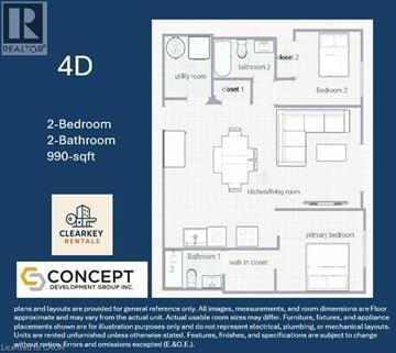 Mount Forest apartment for rent - A floor plan for a 4D apartment with two bedrooms and two bathrooms.