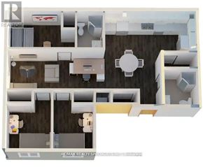 Hamilton (Beasley) condo for rent - A 3D floor plan of a house with a living room, dining room, kitchen, and two bedrooms.
