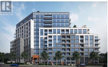 Brampton (Fletcher's Creek South) condo for rent - A modern multi-story building with the RE/MAX Realty Specialists logo on it.