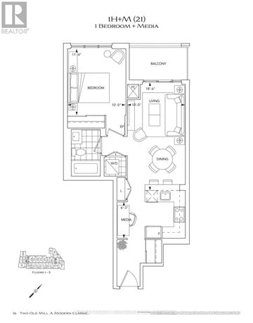 Toronto (High Park-Swansea) condo for rent - A floor plan for a 1 Bedroom + Media apartment.