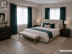 Mississauga (Lakeview) townhouse for rent - A bedroom with a large bed, nightstands, and a bench.