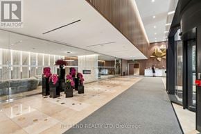 Toronto (Waterfront Communities) condo for rent - A hallway with a glass wall on the left side and a person walking on the right side.