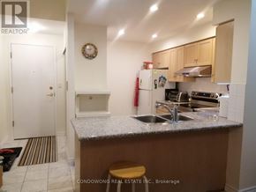 Toronto (Waterfront Communities) condo for rent - A kitchen with a white fridge, stove, and sink.