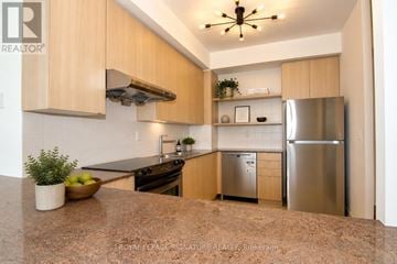Toronto (Church-Yonge Corridor) condo for rent - A kitchen with wooden cabinets and a granite countertop.