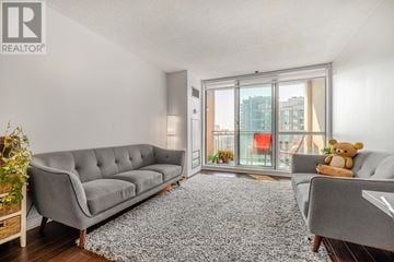 Toronto (Newtonbrook East) condo for rent - A grey sofa with a teddy bear on it in a room with a grey rug.